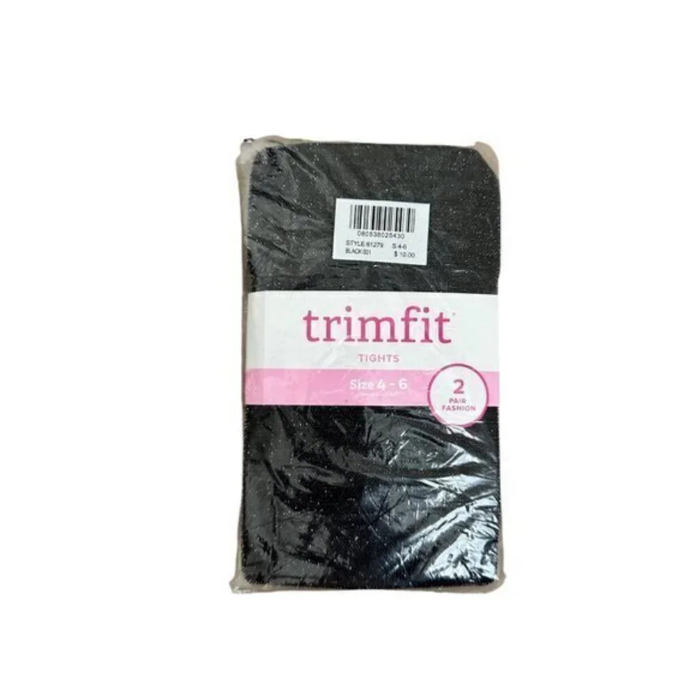 Trimfit Girls Black Tights 2-Pack Size 4-6 Nylon/Spandex Durable Stretchy Hosier